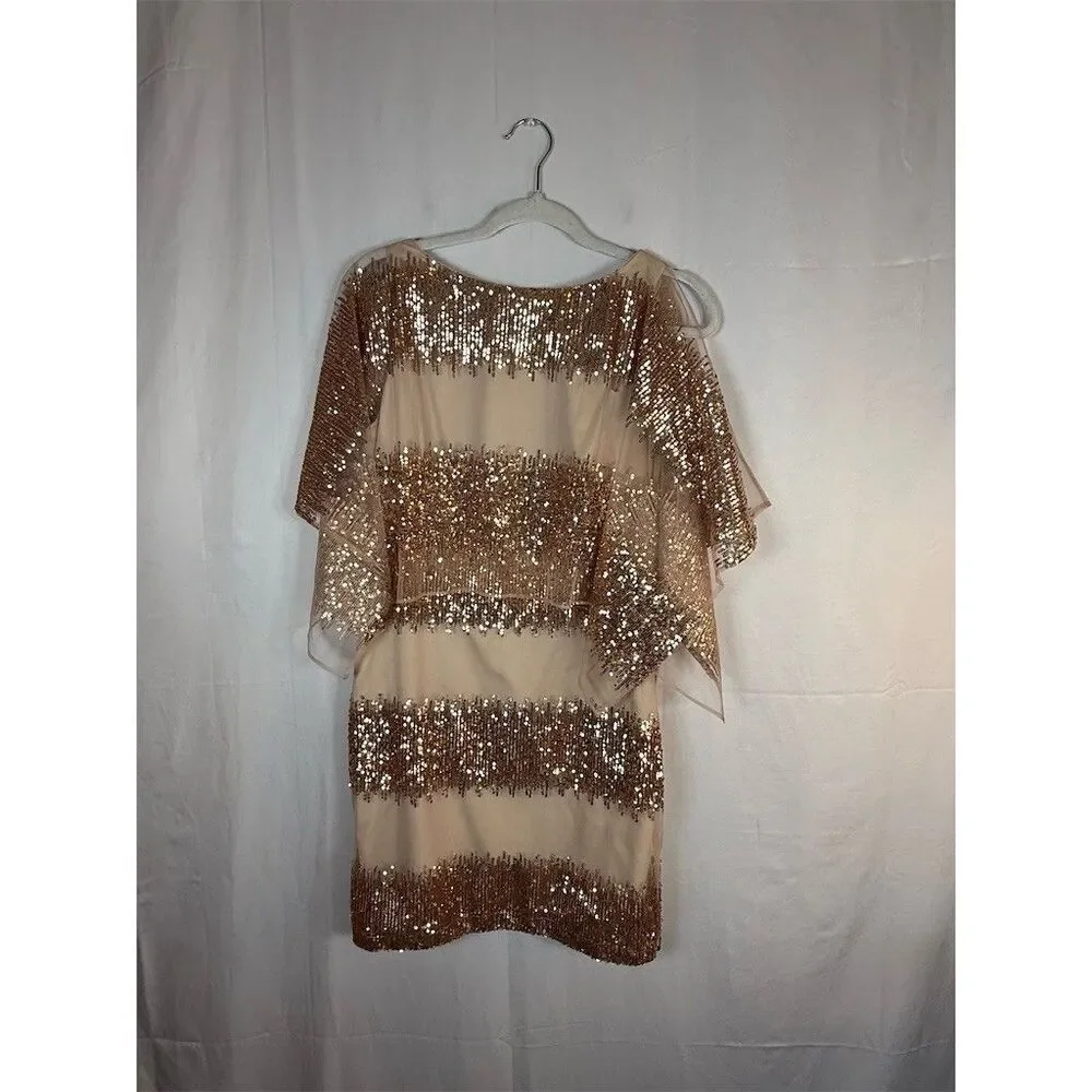 Belle Badgley Mischka Dress Womens 6 Beige Sequin Stripe Sheer Cape Cocktail - Picture 3 of 16